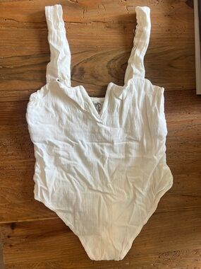 Free People White Textured Square-Neck Bodysuit